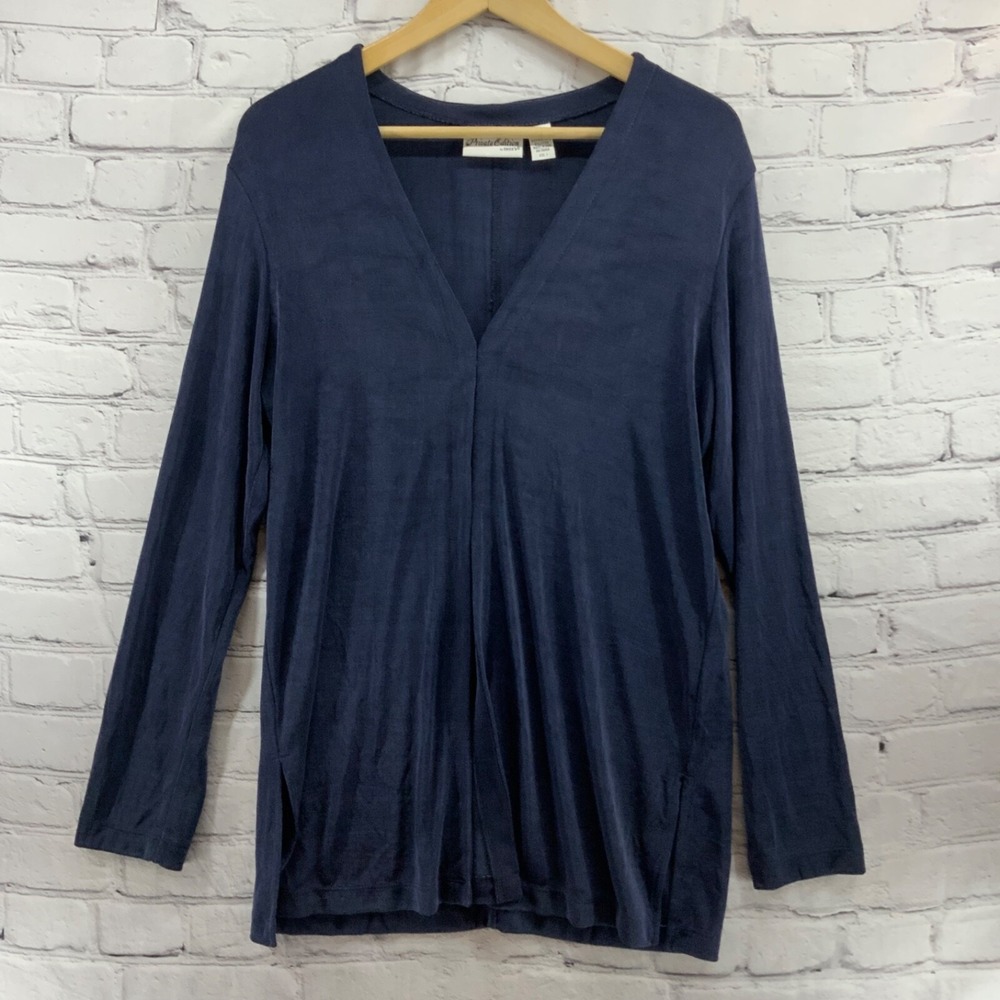 Chicos Private Edition Tunic Top Long Sleeve Dark Blue 1 M Med Slinky Knit